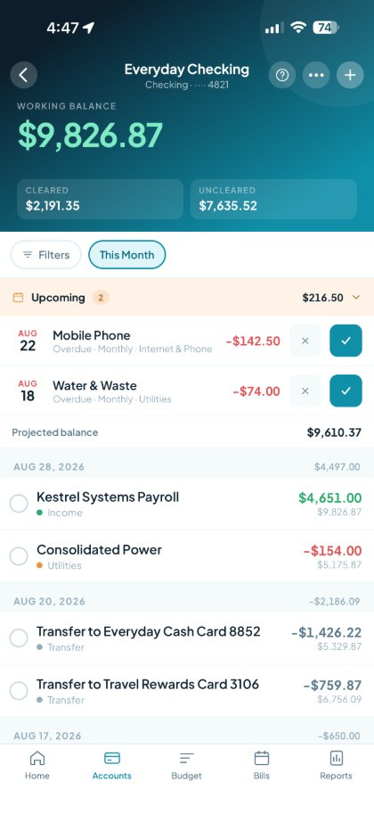 Tovari on iPhone — the transaction register.