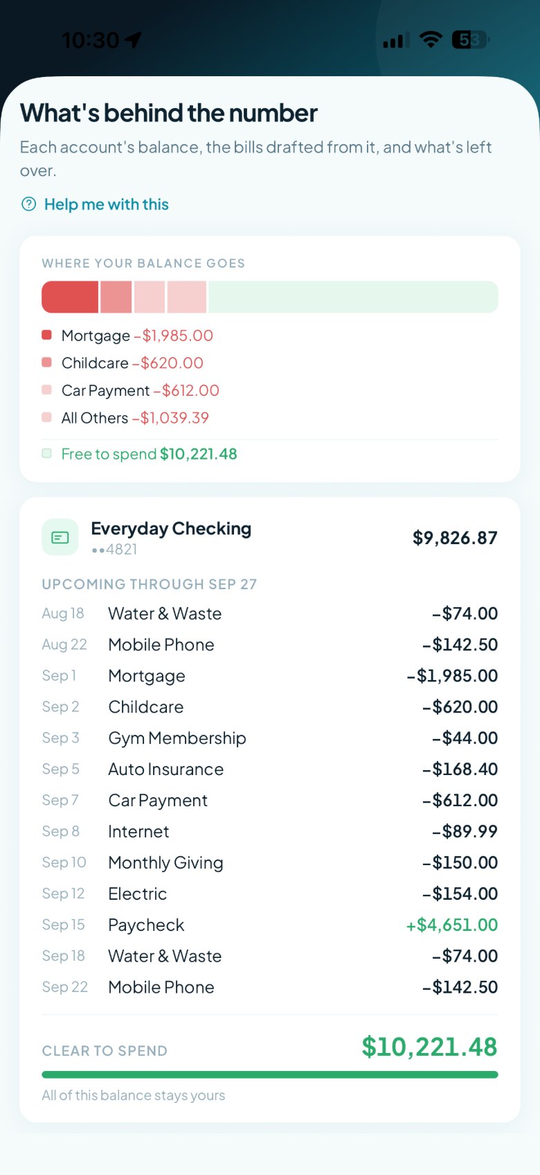 The Safe to Spend report, itemising every bill deducted from the available number.